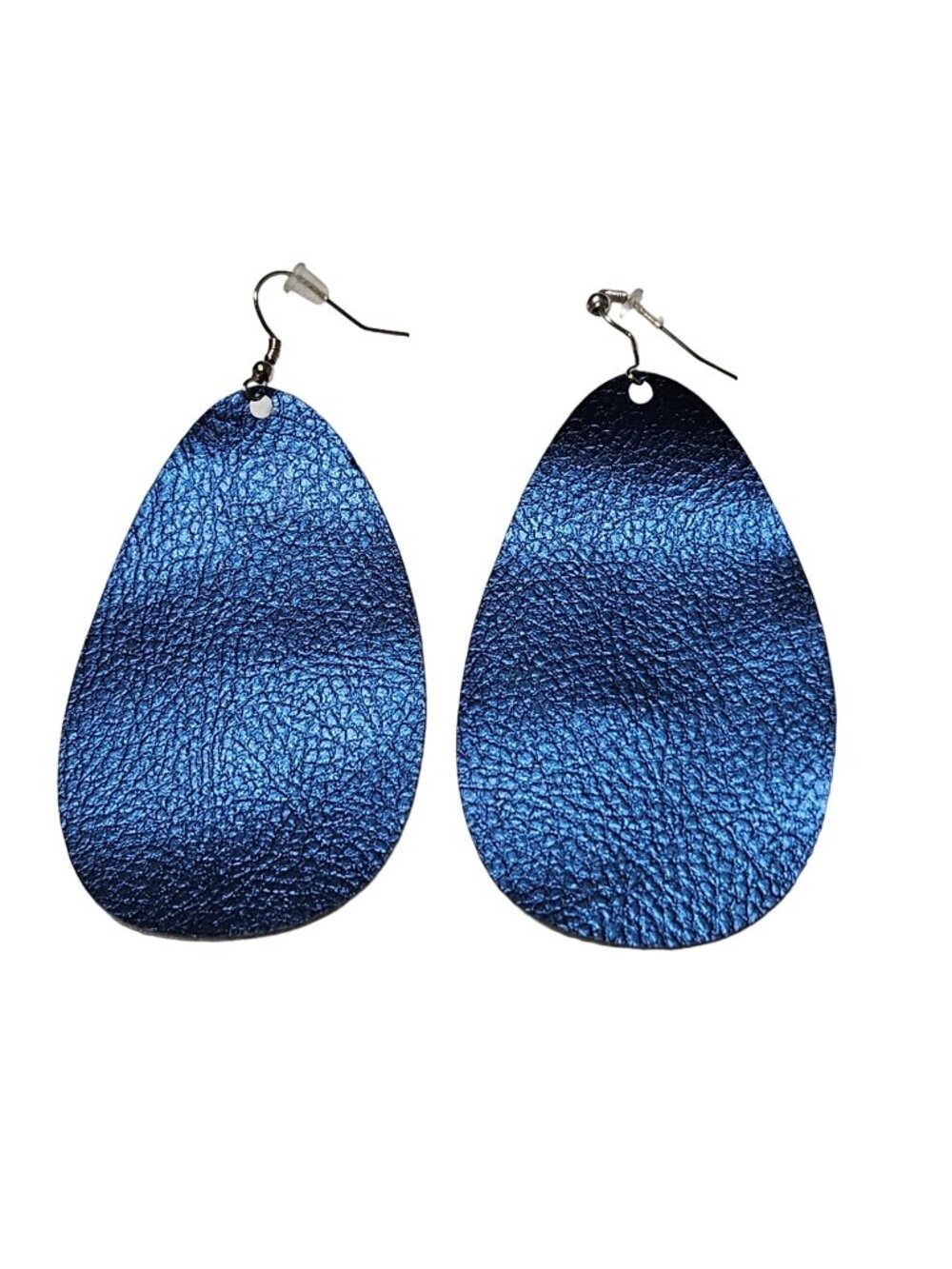 Handmade Faux Leather Cut Out Earrings Metallic Blue Teardrop Felt Jewelry Women